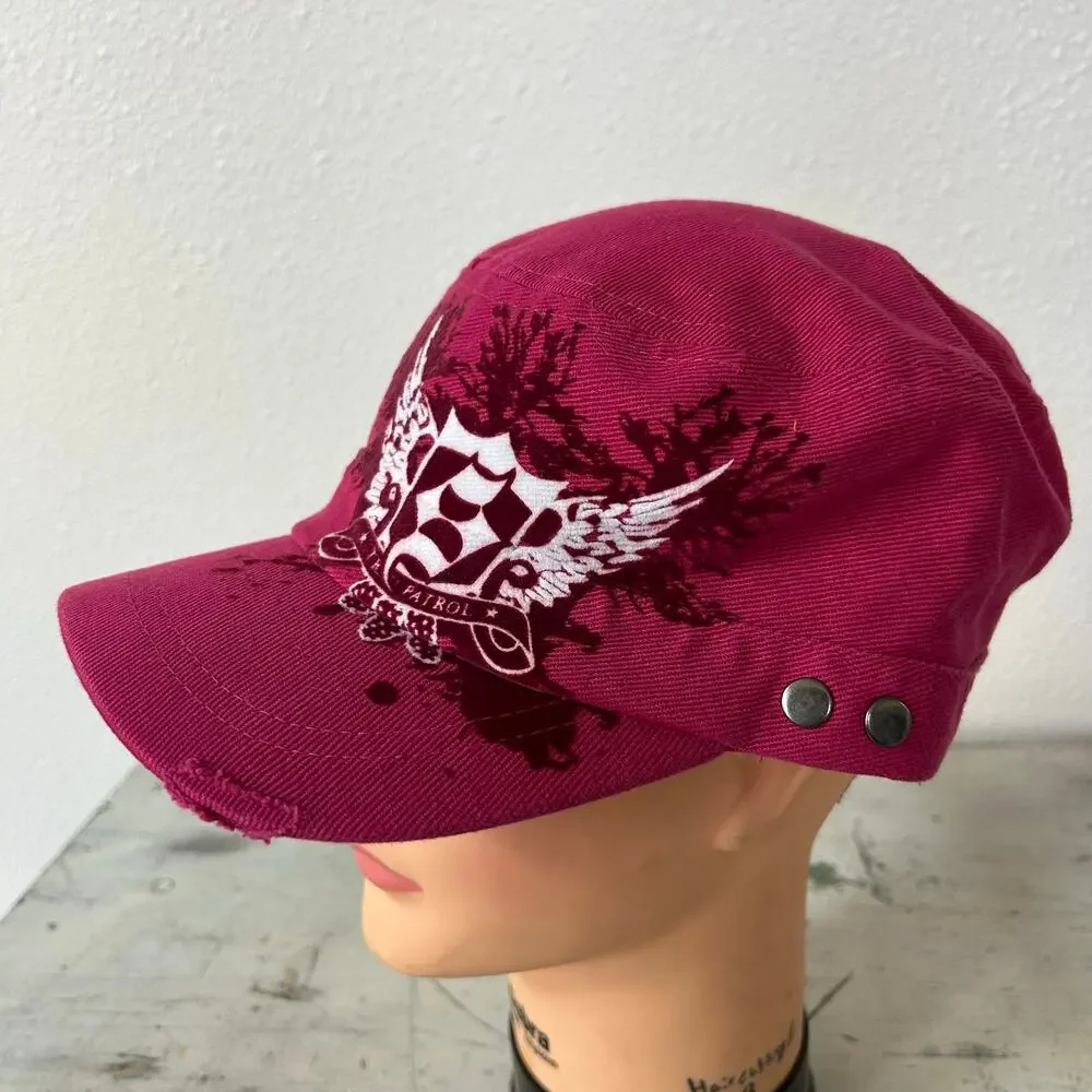 Vintage Y2K Pink Distressed Military Cadet Hat Flocked Graphic Biker Cap grunge - Picture 6 of 11